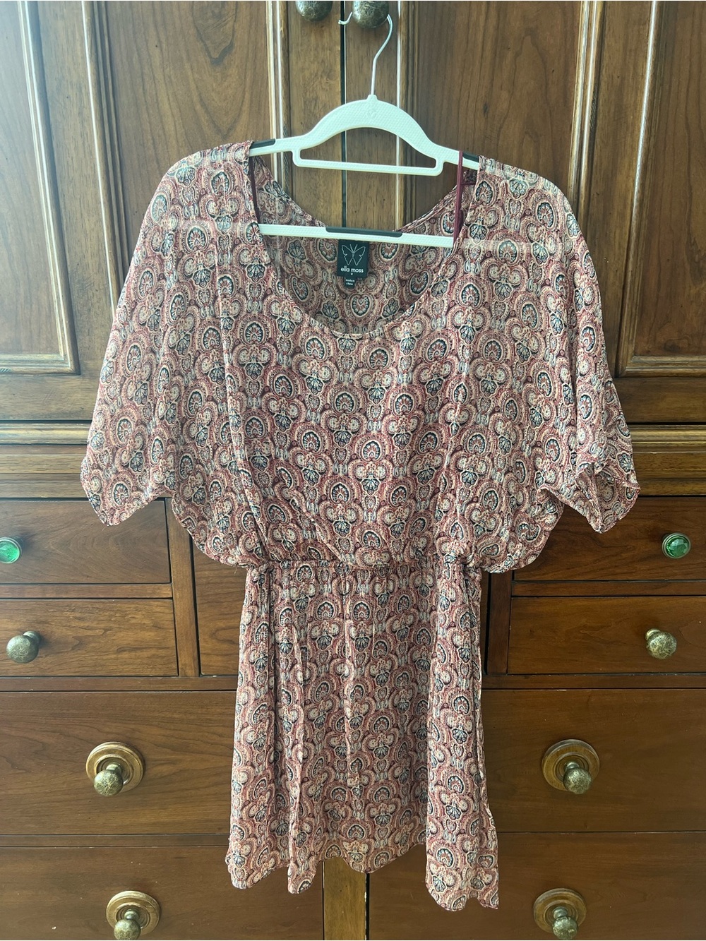Silk Ella Moss Rose Paisley Short-Sleeve Elastic-Waist Dress
